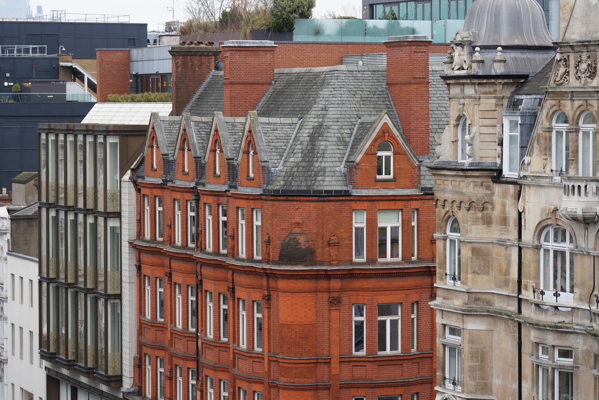Urban Skyline and Cityscape View, Oxford Street historic residential and office buildings, Central London high-angle view